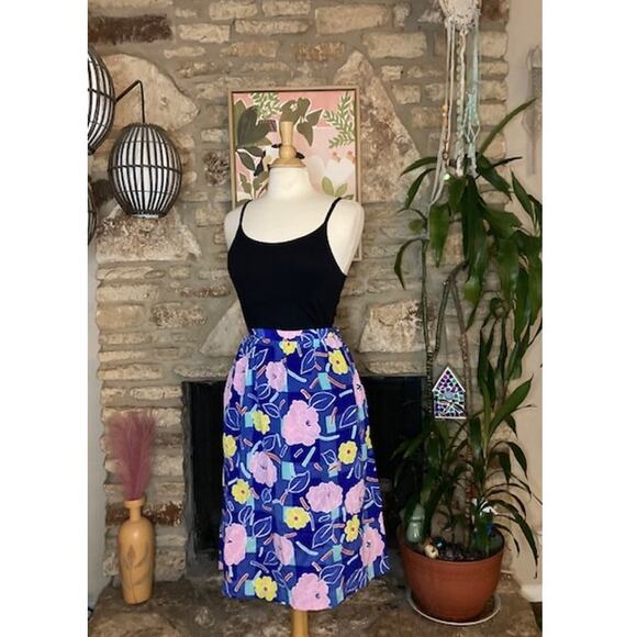 Vintage Blue & Pink Floral Silk Skirt - Small - Picture 2 of 5